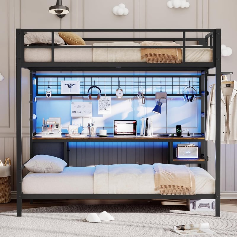 Black Twin Bunk Bed with Desk, LED Lights & Storage