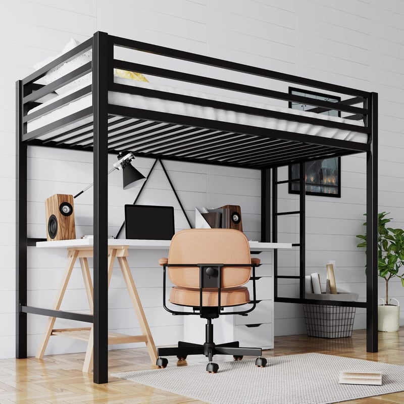 Loft Bed Twin with Ladder & Guardrail - Space Saving Black Metal