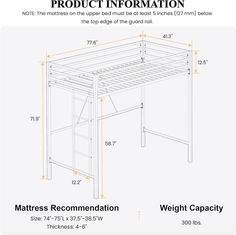 Loft Bed Twin with Ladder & Guardrail - Space Saving Black Metal