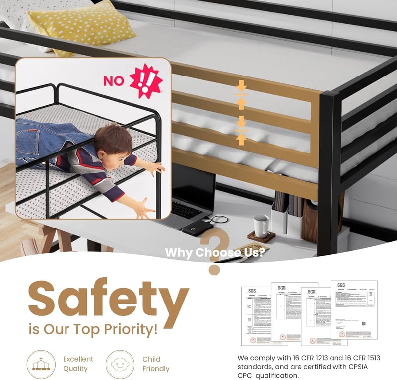 Loft Bed Twin with Ladder & Guardrail - Space Saving Black Metal