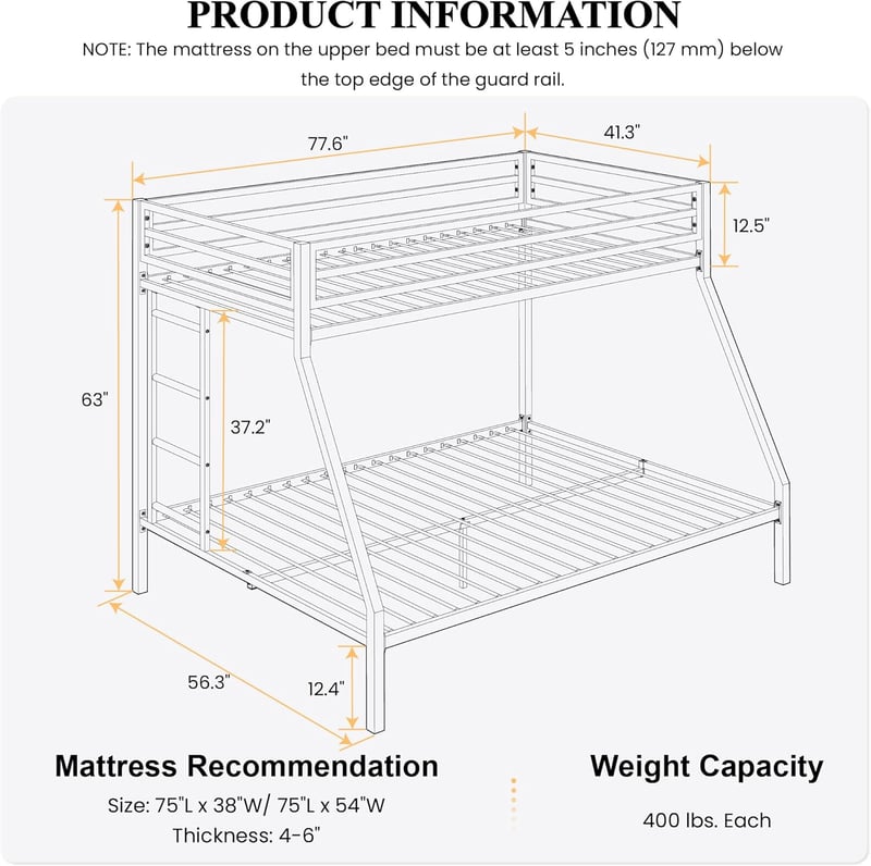 Bunk Bed Twin Over Full with Ladder & Guardrail, Metal Frame