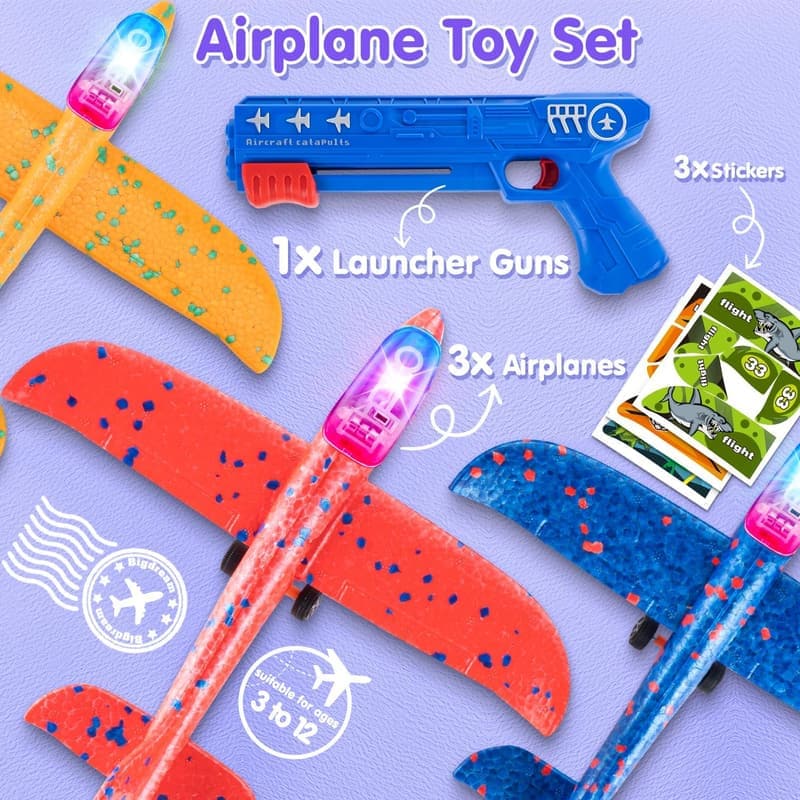 Outdoor LED Airplane Launcher Toys - 3 Pack for Kids
