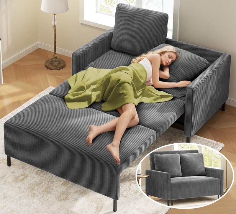 Modern Grey Corduroy Sofa Bed with Pillows, 47