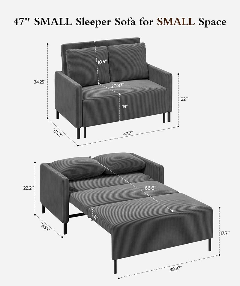 Modern Grey Corduroy Sofa Bed with Pillows, 47