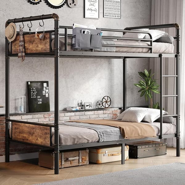 Industrial Twin Over Twin Metal Bunk Bed with Safety Rails