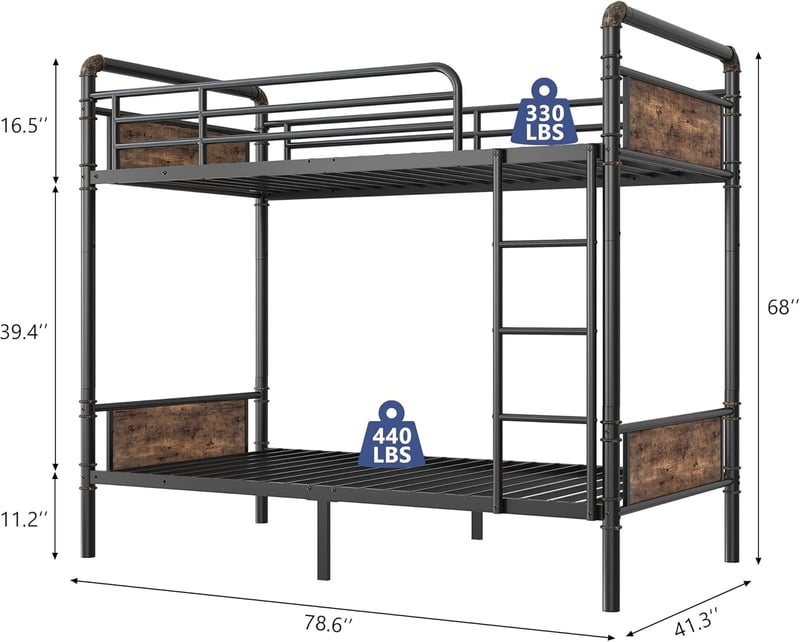 Industrial Twin Over Twin Metal Bunk Bed with Safety Rails