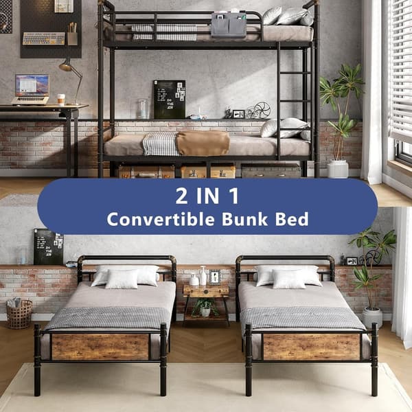 Industrial Twin Over Twin Metal Bunk Bed with Safety Rails