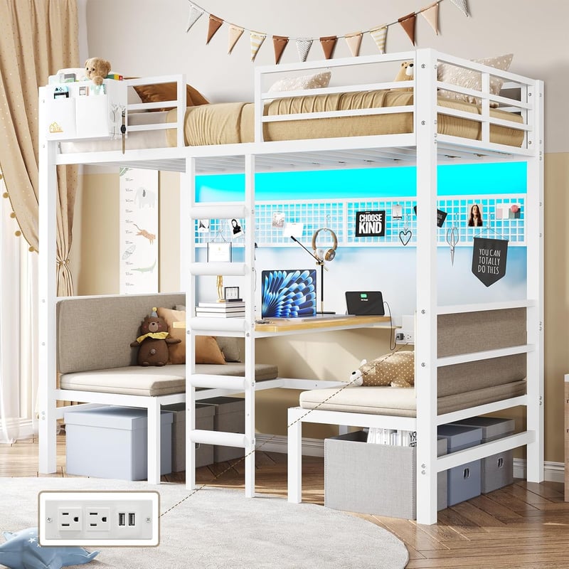 Convertible Twin Loft Bed with Desk, LED Lights & Charging Station