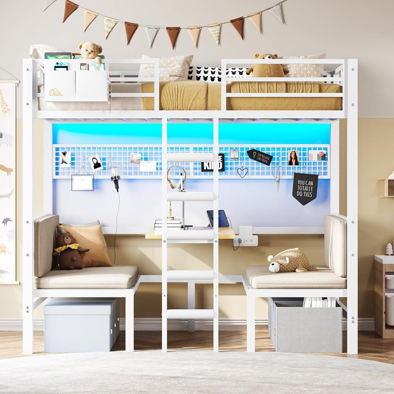 Convertible Twin Loft Bed with Desk, LED Lights & Charging Station