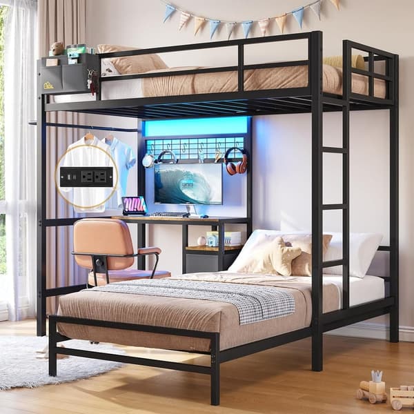 L-Shaped Twin Bunk Bed with Desk, LED Lights, and Storage - Black