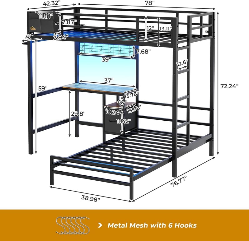 L-Shaped Twin Bunk Bed with Desk, LED Lights, and Storage - Black