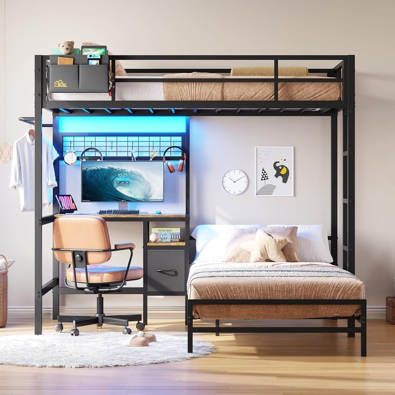 L-Shaped Twin Bunk Bed with Desk, LED Lights, and Storage - Black