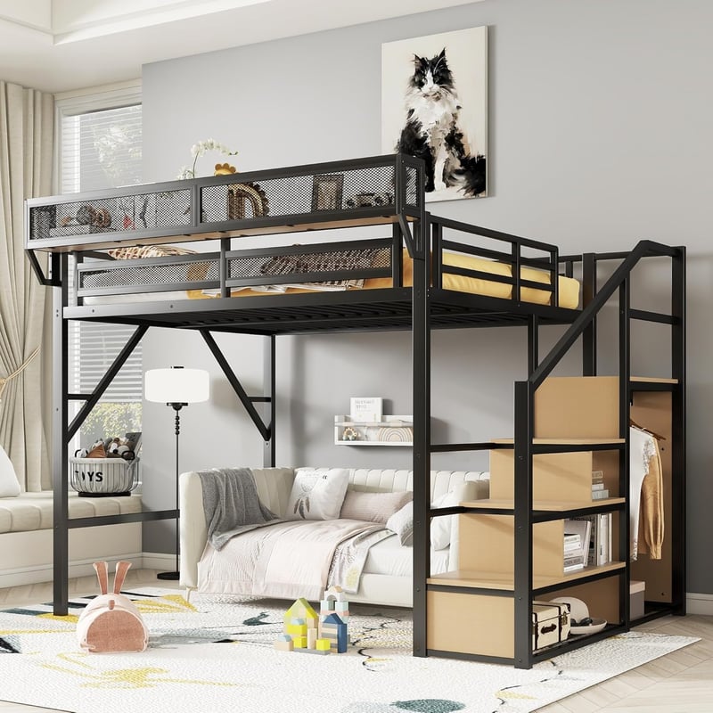 Heavy-Duty Metal Loft Bed with Stairs and Storage - Black/Natural
