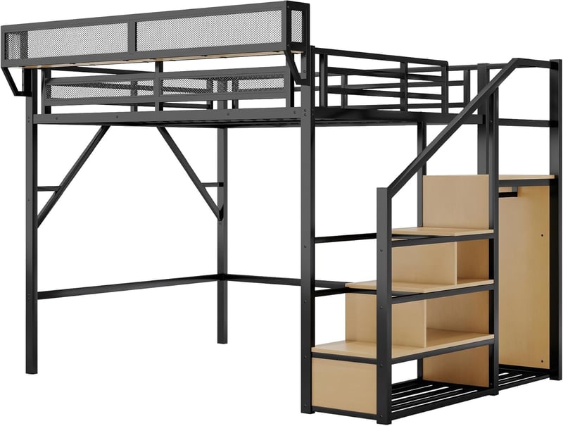 Heavy-Duty Metal Loft Bed with Stairs and Storage - Black/Natural
