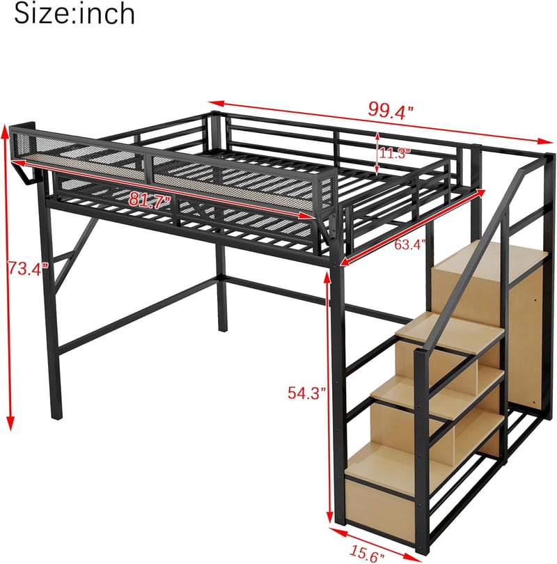 Heavy-Duty Metal Loft Bed with Stairs and Storage - Black/Natural