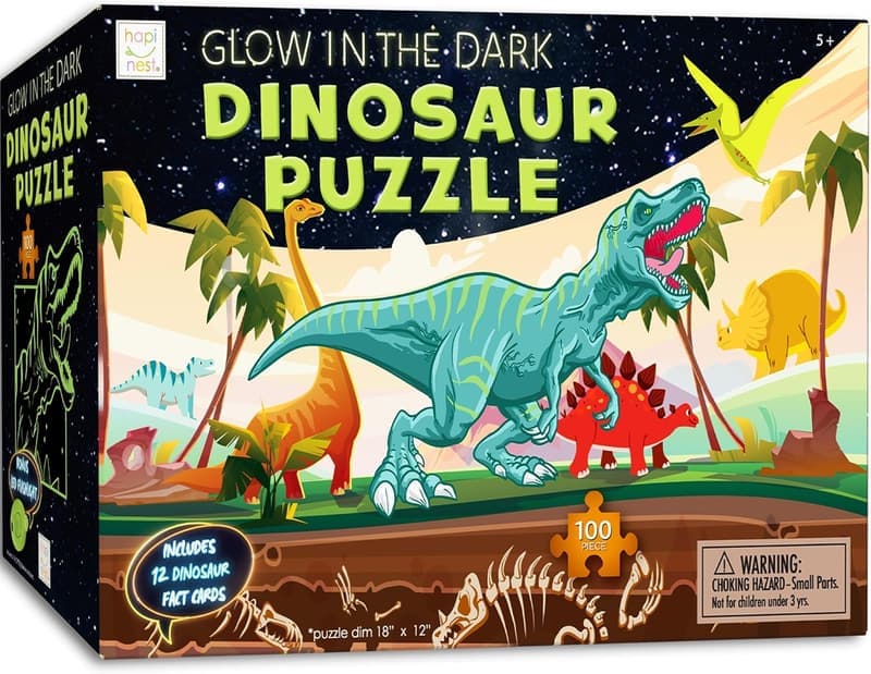 Glow-in-the-Dark Dinosaur Puzzle with 12 Facts & Flashlight