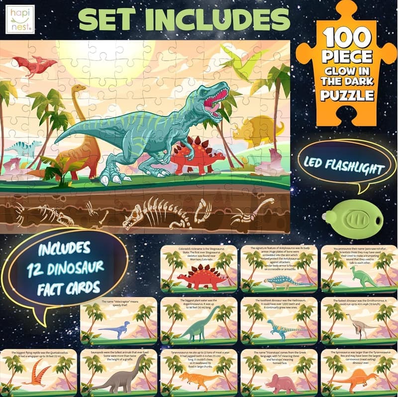 Glow-in-the-Dark Dinosaur Puzzle with 12 Facts & Flashlight