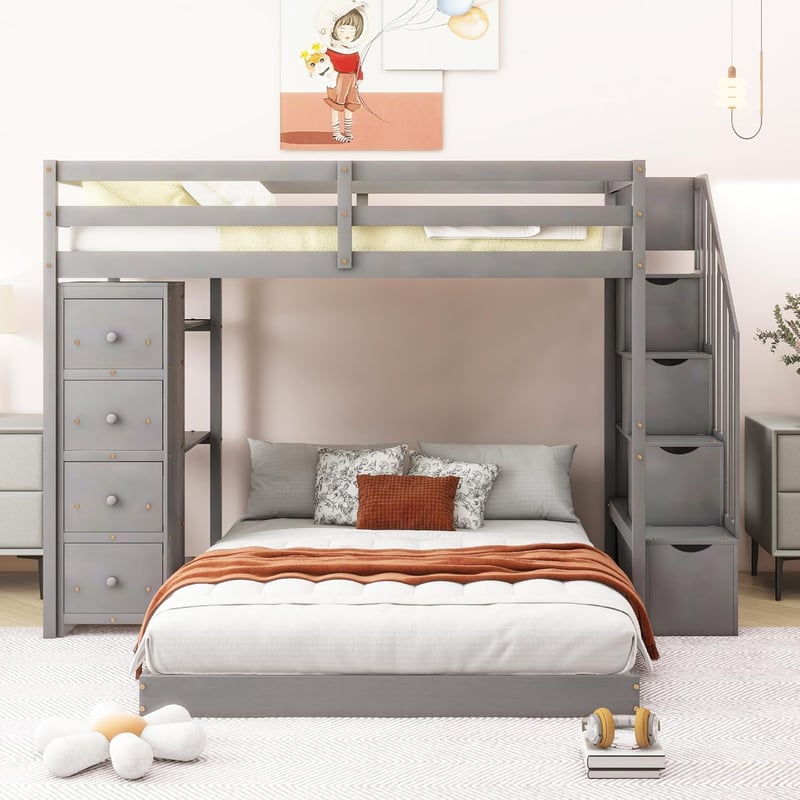 L-Shaped Twin Over Full Bunk Bed with Storage and Steps (Grey)