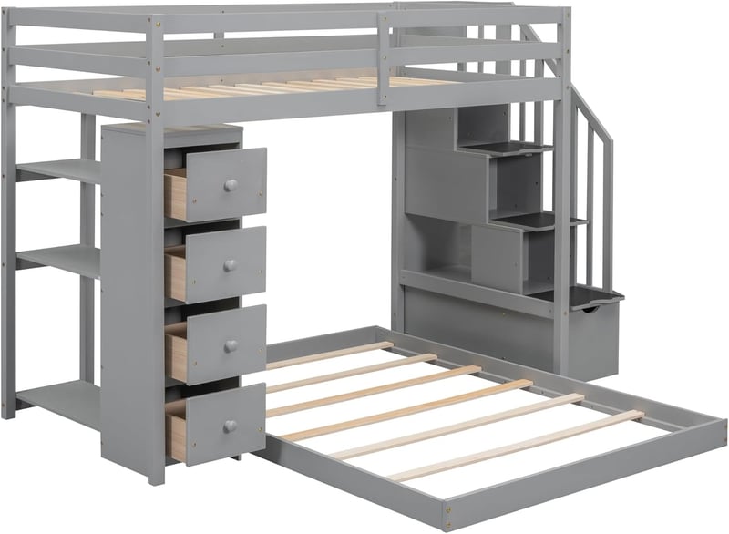 L-Shaped Twin Over Full Bunk Bed with Storage and Steps (Grey)