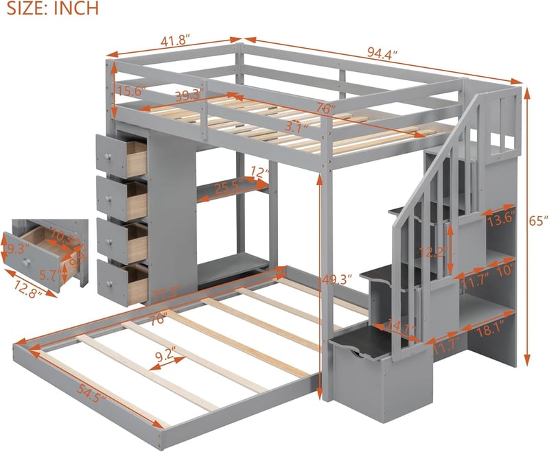 L-Shaped Twin Over Full Bunk Bed with Storage and Steps (Grey)