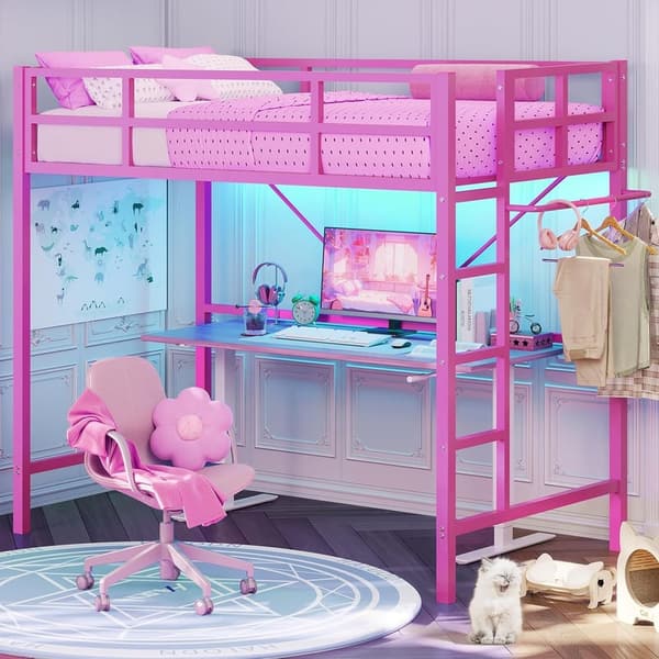 Pink Twin Loft Bed with LED Lights & Full-Length Guardrail