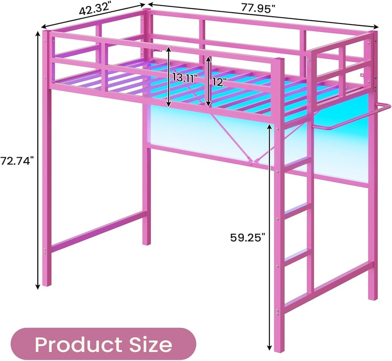 Pink Twin Loft Bed with LED Lights & Full-Length Guardrail