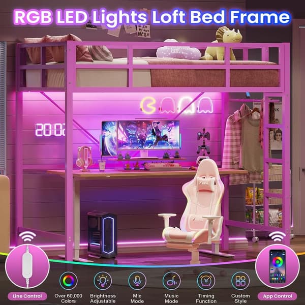 Pink Twin Loft Bed with LED Lights & Full-Length Guardrail