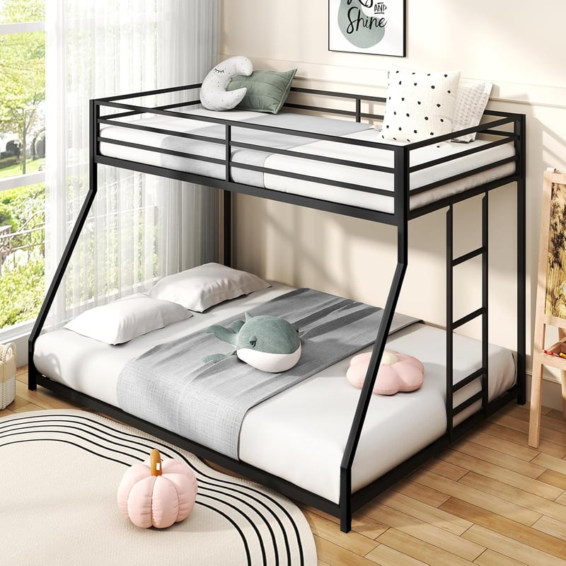 Metal Twin Over Full Bunk Bed with Guardrail and Ladder, Black