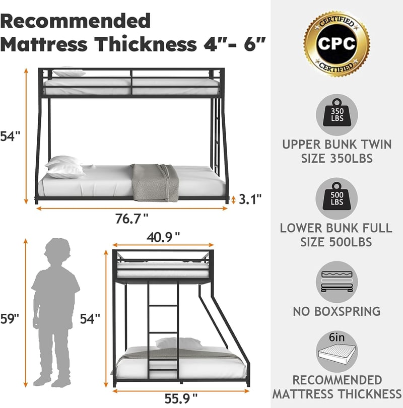 Metal Twin Over Full Bunk Bed with Guardrail and Ladder, Black