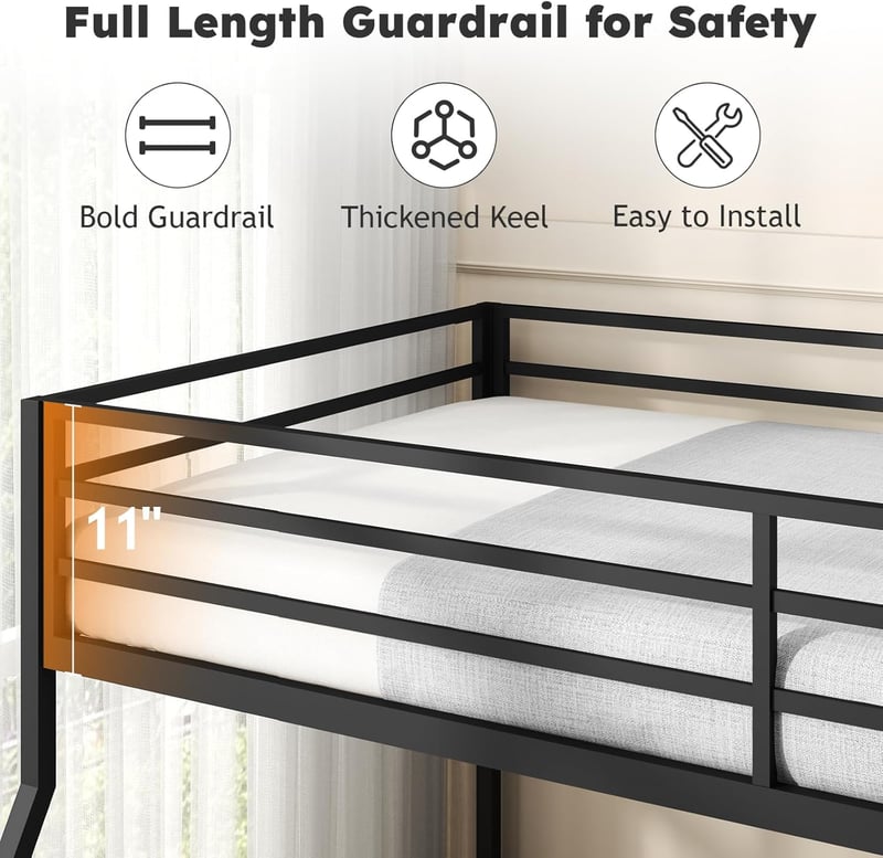 Metal Twin Over Full Bunk Bed with Guardrail and Ladder, Black