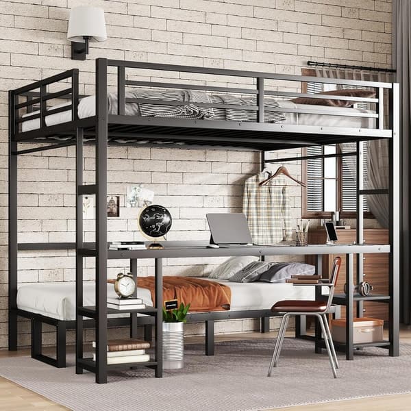 Queen Over Twin XL Bunk Bed with Desk & USB Charging - Black