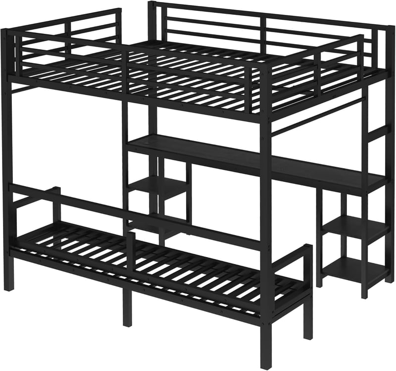 Queen Over Twin XL Bunk Bed with Desk & USB Charging - Black