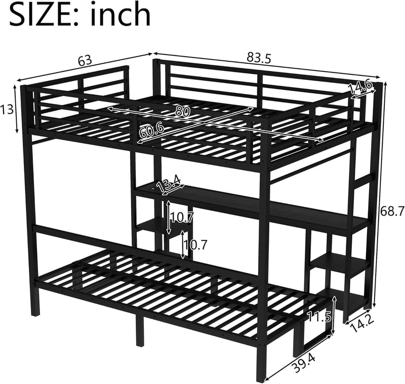 Queen Over Twin XL Bunk Bed with Desk & USB Charging - Black