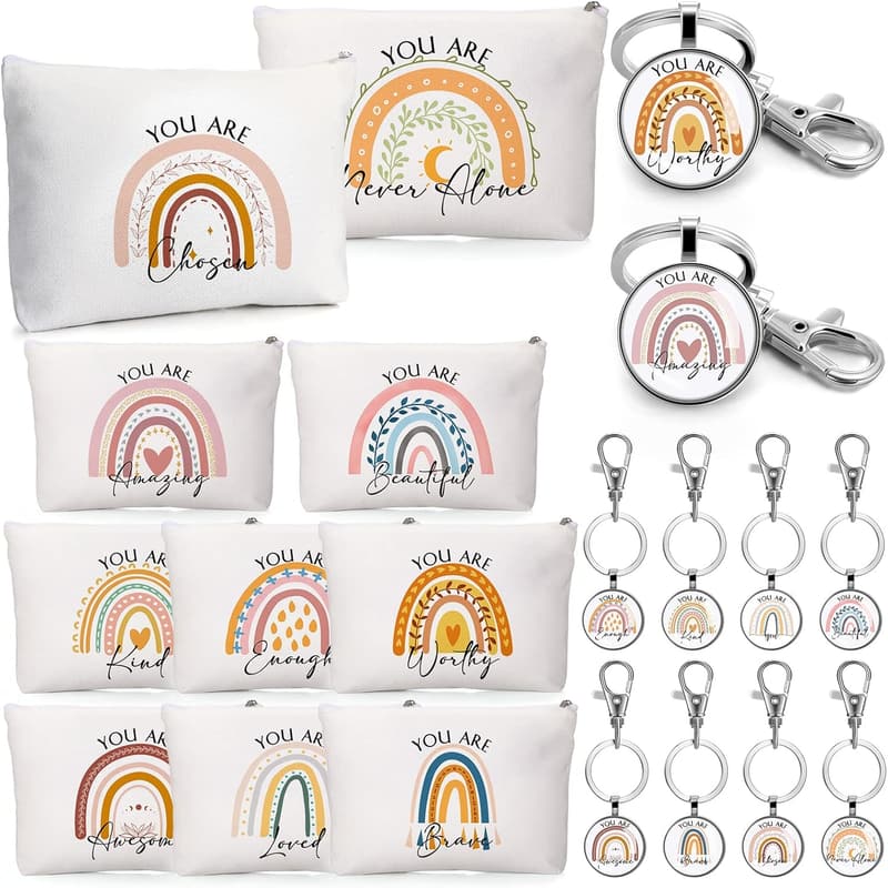 Inspirational Gift Set for Women – 20 Makeup Bags & Keychains
