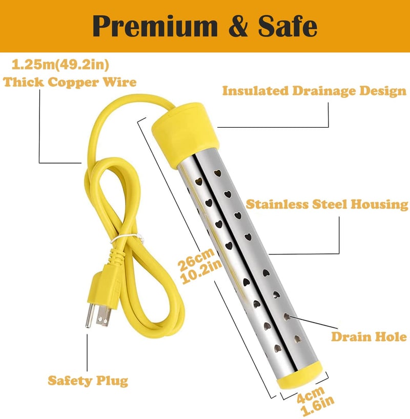 Portable Immersion Water Heater with 304 Stainless Steel Cover