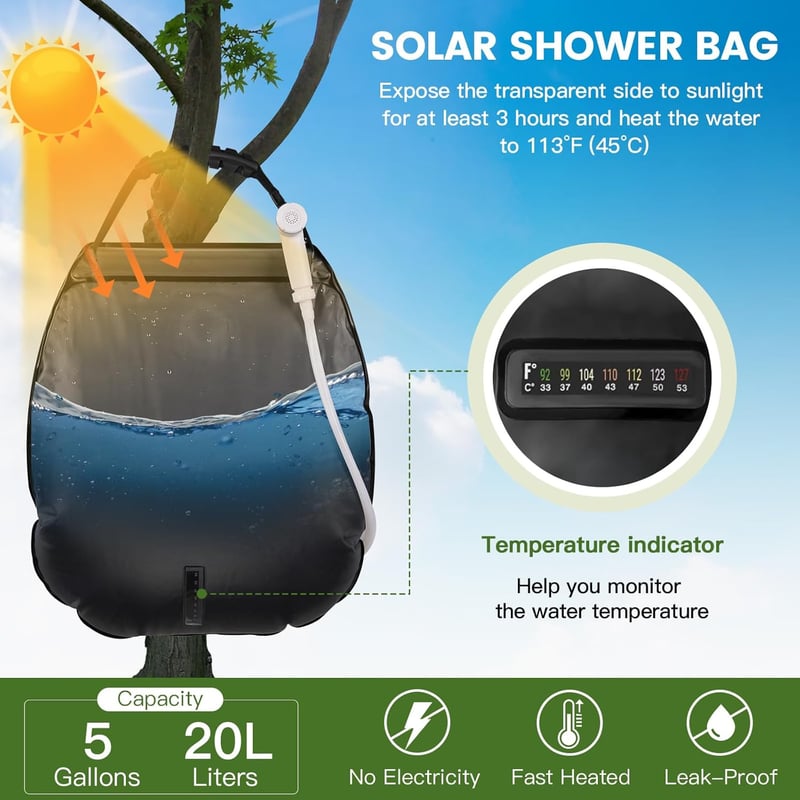 Portable 5 Gallon Solar Camping Shower Bag with Upgraded Hose