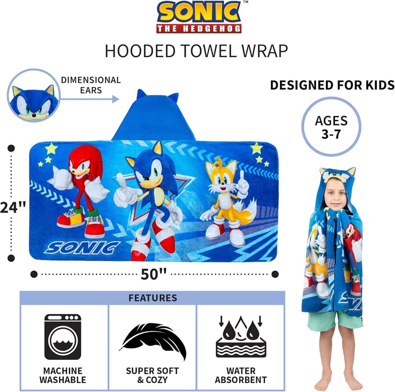 Sonic The Hedgehog Hooded Bath Towel for Kids, 24