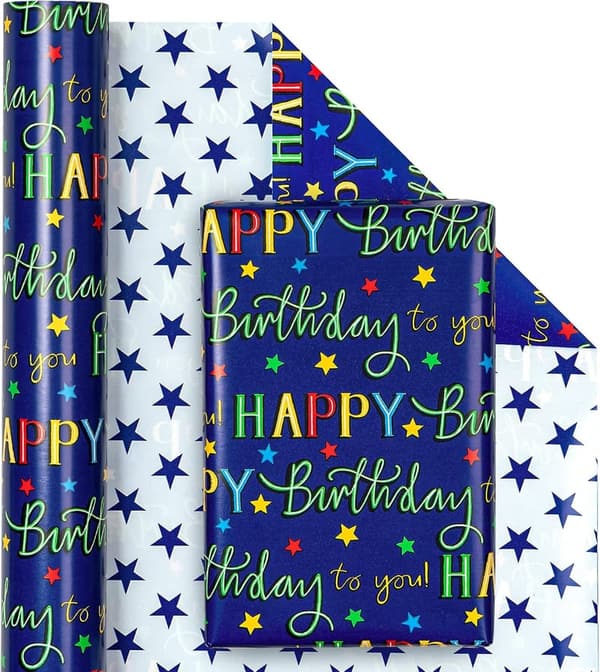 Birthday Wrapping Paper - Reversible Blue Star Mini Roll
