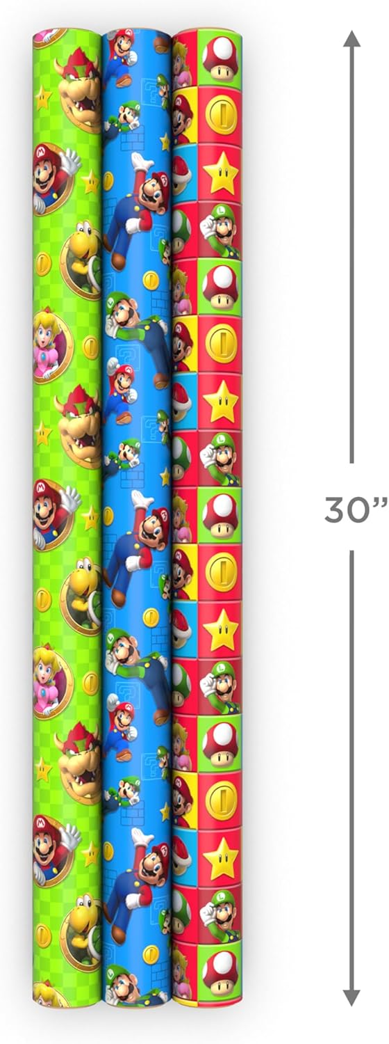 Super Mario Wrapping Paper Rolls for Kids - 60 Sq. Ft. (3 Rolls)