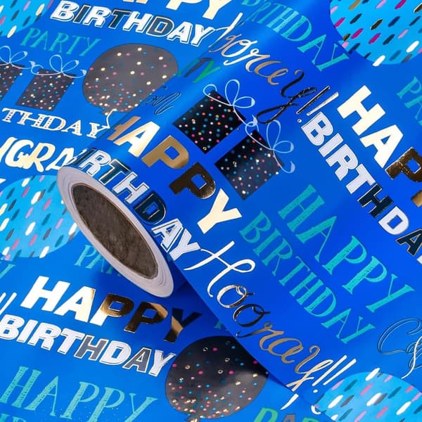 Happy Birthday Blue Gold Foil Wrapping Paper Roll - 17