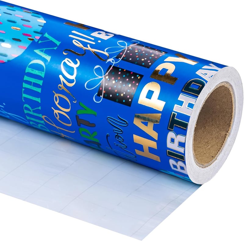 Happy Birthday Blue Gold Foil Wrapping Paper Roll - 17
