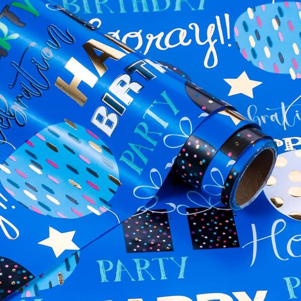 Happy Birthday Blue Gold Foil Wrapping Paper Roll - 17