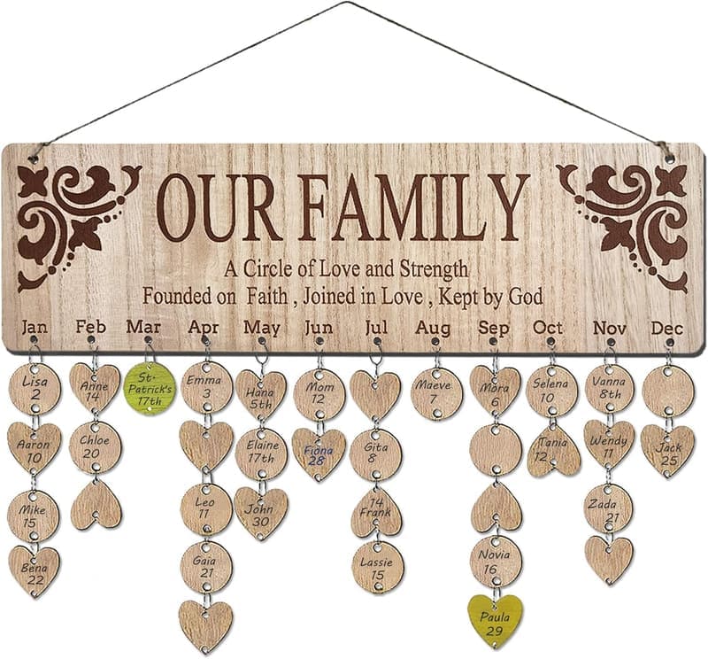 Wooden Family Birthday Tracker Calendar for Grandma & Mom