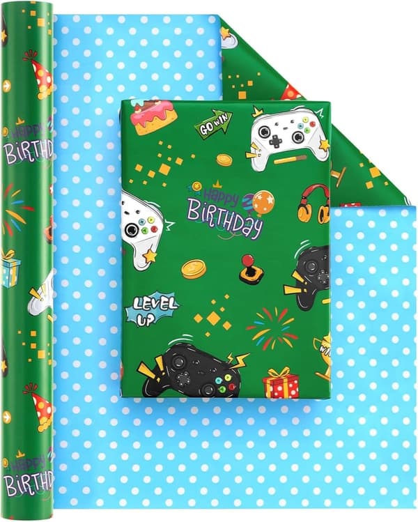 Birthday Gaming Wrapping Paper Roll - Reversible, 17” x 33 ft