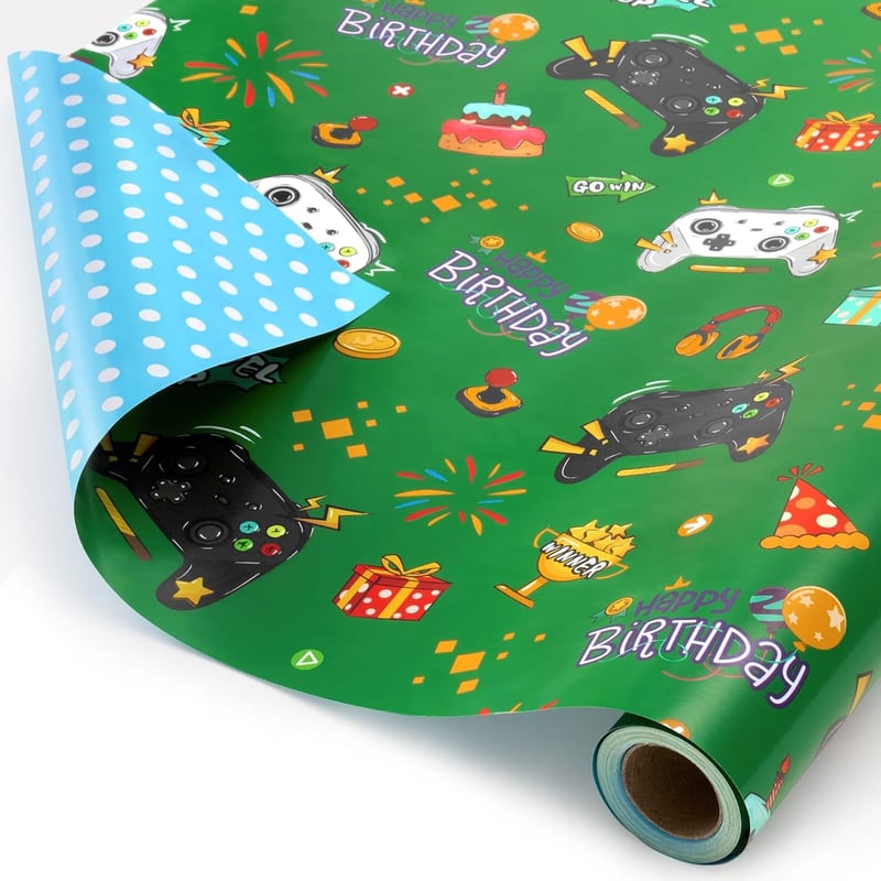 Birthday Gaming Wrapping Paper Roll - Reversible, 17” x 33 ft