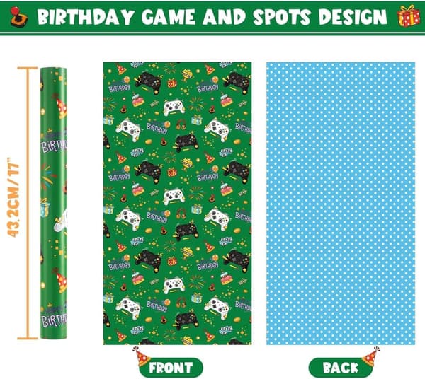 Birthday Gaming Wrapping Paper Roll - Reversible, 17” x 33 ft