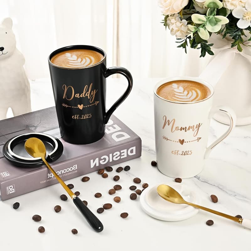 New Parents Mug Set for Expecting Couples, 14 Oz Black & White