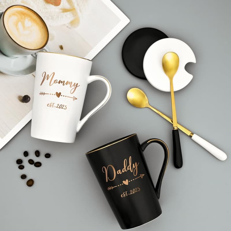 New Parents Mug Set for Expecting Couples, 14 Oz Black & White