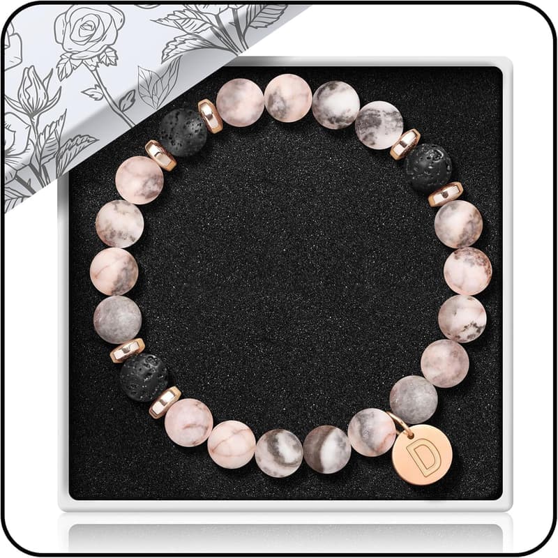 Personalized Natural Stone Bracelet with Gold Initial Charm for Women