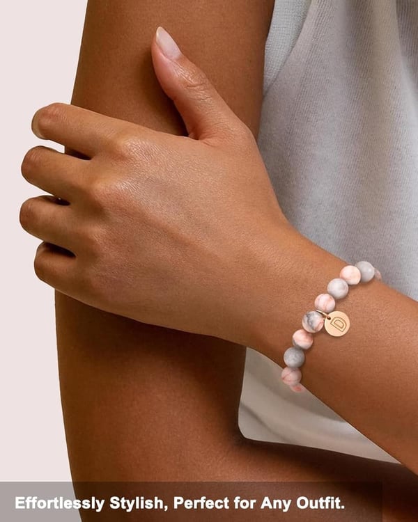 Personalized Natural Stone Bracelet with Gold Initial Charm for Women